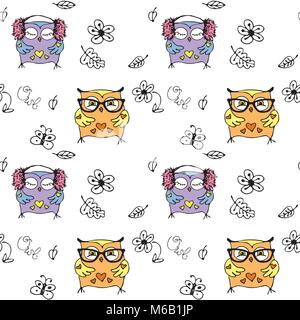 Vector seamless pattern with cute owls. hand drawing cartoon characters. Stock Vector