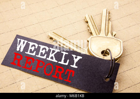 Conceptual hand writing text caption showing Weekly Report. Business concept for Analyzing Performance  written on note paper attached to keys note pa Stock Photo