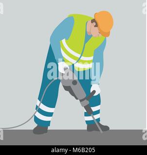 worker drill  in helmet  vector illustration flat style  profile side Stock Vector