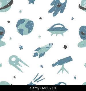 Childish seamless pattern with cute space elements. Creative texture for fabric Stock Vector