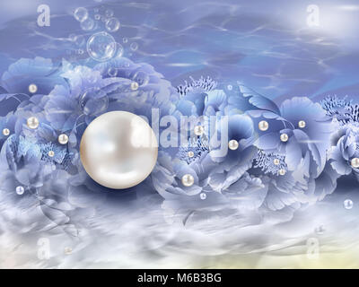 Pearl background with focus on one big pearl and many small pearls swirling under the sea with motion blur effect. Fantasy abstract pearl design backg Stock Photo