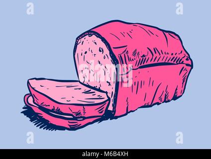 Bread. Illustration in pink and blue of a loaf of bread with slices to the front. hand-drawn linear design turned to vectors. Stock Vector