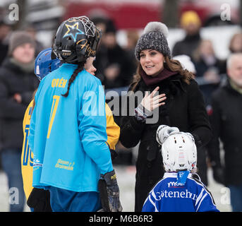 The Duke and Duchess of Cambridge attend a game of Bandy Hockey on the first day of their tour of Sweden and Norway  Featuring: Catherine Duchess of Cambridge, Catherine Middleton, Kate Middleton Where: Stockholm, United Kingdom When: 30 Jan 2018 Credit: John Rainford/WENN.com Stock Photo