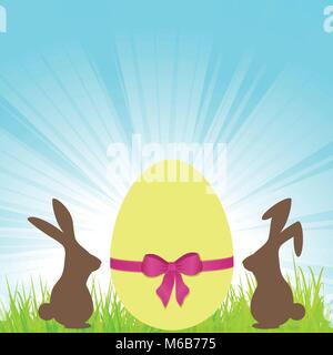 Yellow Easter Egg with Ribbon and Bow and Bunnies Brown Silhouette on Green Grass Over Blue Sunny Sky Stock Vector