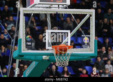 KYIV, UKRAINE - FEBRUARY 26, 2018: Ball inside the basket during FIBA World Cup 2019 European Qualifiers basketball game Ukraine v Sweden at Palace of Stock Photo
