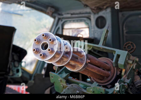The M134 Minigun mounted inside a Huey helicopter at the War Remnants Museum in Ho Chi Minh City Vietnam Asia Stock Photo