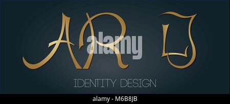 Set of monograms with golden letters AR and JL on dark background for logotype design and branding Stock Vector