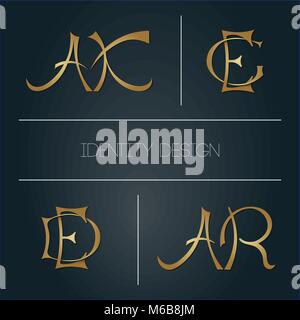 Set of stylish logotypes or monograms for design of initials or branding - golden capital letters AK EG DE AR on dark background Stock Vector