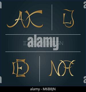 Set of stylized logotypes or monograms for design of initials or branding - golden capital letters AK EG DE AR on dark background Stock Vector
