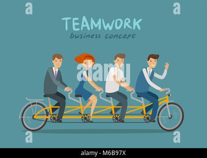 Teamwork, business concept. Business people or students riding tandem bike. Cartoon vector illustration Stock Vector