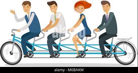 Teamwork concept. Business people or students riding tandem bike. Cartoon vector illustration Stock Vector