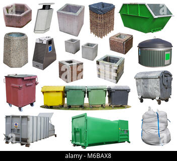 Outdoors baskets, bins, containers and garbage bag  different shapes and designs. Isolated on white big urban set collage Stock Photo