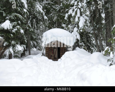 Trapper cabin in snow near Whistler, Canada Stock Photo