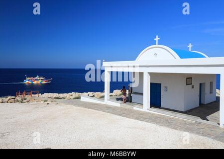 Cyprus - Mediterranean Sea coast. Agioi Anargyroi church at Cape Greco. Stock Photo