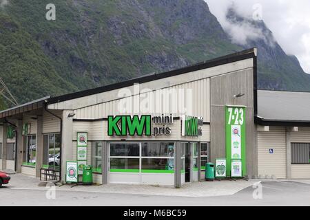 ANDALSNES, NORWAY - JULY 20, 2015: Kiwi Mini Pris supermarket in Andalsnes, Norway. Kiwi is part of NorgesGruppen group. There are 630 Kiwi stores in  Stock Photo