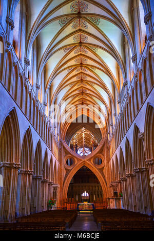 The aisle of the medieval Wells Cathedral built in the Early English Gothic style in 1175, Wells Somerset, England Stock Photo