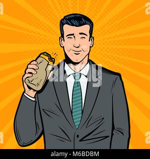 Businessman eating delicious sandwich. Lunch break, fast food concept. Pop art retro vector illustration Stock Vector