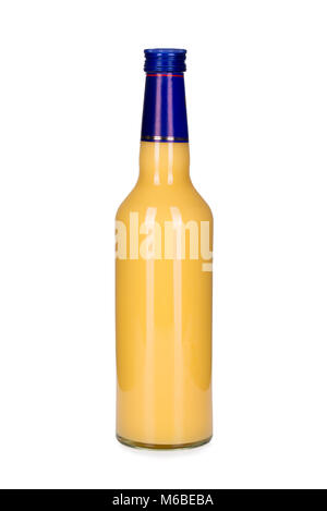 Bottle of egg liqueur isolated on white background, front-view, close-up. Stock Photo