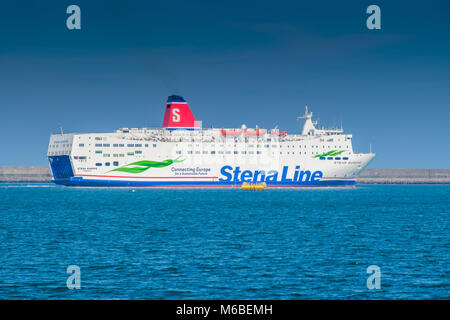 Stena Europe ferry departing from Fishguard Harbour at Goodwick, Fishguard, Pembrokeshire, Wales Stock Photo