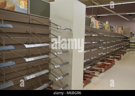 empty shelves in Tesco on a snow day - panic buying Stock Photo