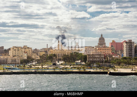 Havana, Cuba - December 10, 2017: Panorama of Havana with smoke on the city Stock Photo