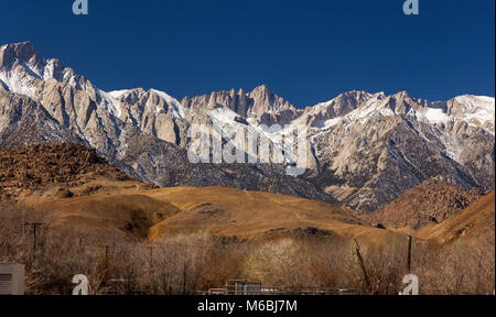 Alabama Hills and Distant Mount Whitney Landscape Scenic View above Lone Pine California on East Side of Sierra Nevada Mountains Stock Photo