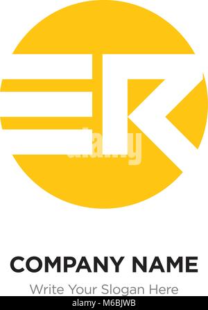 Abstract letter ER RE logo design template, yellow Alphabet initial letters company name concept. Flat thin line segments connected to each other Stock Vector