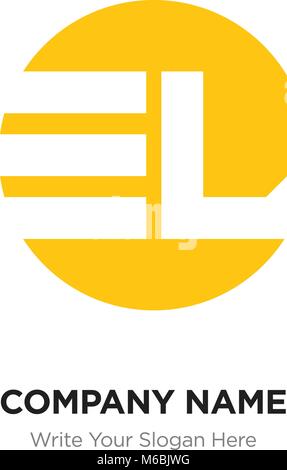 Abstract letter EL LE logo design template, yellow Alphabet initial letters company name concept. Flat thin line segments connected to each other Stock Vector