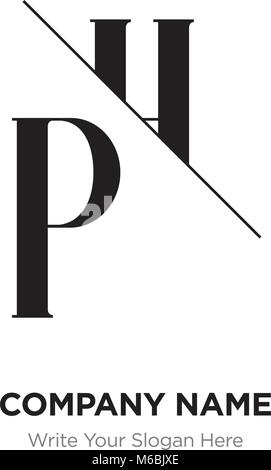 Abstract letter PH,HP logo design template, black&white Alphabet initial letters company name concept. Flat thin line segments connected to each other Stock Vector