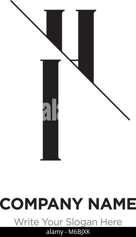 Abstract letter IH,HI logo design template, black&white Alphabet initial letters company name concept. Flat thin line segments connected to each other Stock Vector