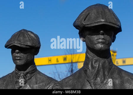 Statues on the A20 Newtownards Road in Belfast depicting 3 workers from thousands who worked on the Titanic Ship with Yard Number 401