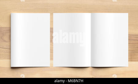 Blank Bi fold A4 size brochure mock up on wooden background. 3D illustrating Stock Photo