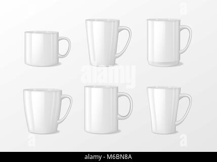 Realistic blank white coffee mug cups with handle. Cup porcelain for tea vector template mockup isolated. Realistic teacup for breakfast, Vector illustration Stock Vector