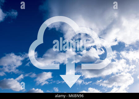 Drawing of cloud with down arrow representing download from a remote computer server. Blue sky and cloud image in the background indicates the accessi Stock Photo