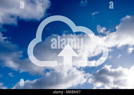 Drawing of cloud with up arrow representing upload to a remote computer server. Blue sky and cloud image in the background indicates the accessibility Stock Photo