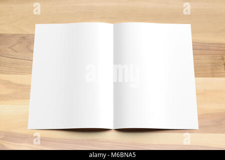 Blank Bi fold A4 size brochure mock up on wooden background. 3D illustrating Stock Photo