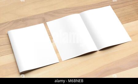 Blank Bi fold A4 size brochure mock up on wooden background. 3D illustrating Stock Photo