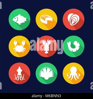 Seafood Icons  Flat Design Circle Stock Vector