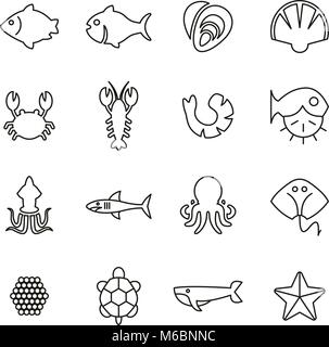 Seafood or Sea Life Icons Thin Line Vector Illustration Set Stock Vector
