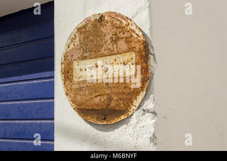 Old rusty no entry sign La Santa, Lanzarote, Canary Islands, Spain Stock Photo