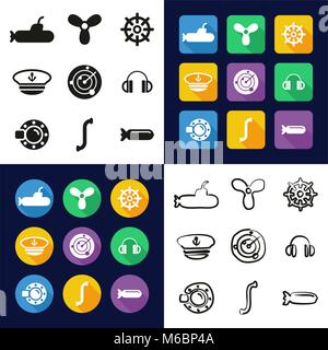 Submarine All in One Icons Black & White Color Flat Design Freehand Set Stock Vector