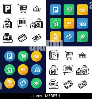 Supermarket All in One Icons Black & White Color Flat Design Freehand Set Stock Vector