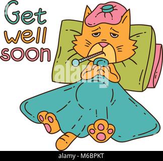 Sickening cat with thermometer under the blanket. Get well card. Isolated objects on white background. Vector illustration. Stock Vector