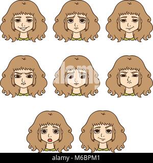 Set of woman's emotions. Facial expression. Girl Avatar. Isolated objects on white background. Vector illustration. Stock Vector