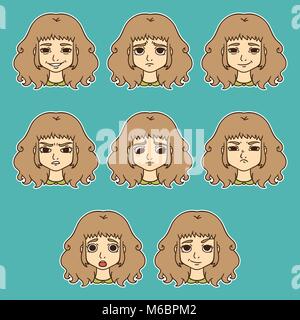 Set of woman's emotions. Facial expression. Girl Avatar. Isolated objects on white background. Vector illustration. Stock Vector