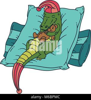 Cute green crocodile sleeping on the pillows with teddy bear. Vector illustration for childrens. Isolated objects on white background. Stock Vector