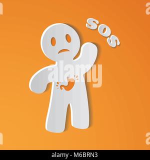 Sick Person Suffering From Stomach Ache With Placard Inscripted SOS, Asking Doctor Or Patient For Medical Help, Care Or Treatment. Vector Illustration. Stock Vector