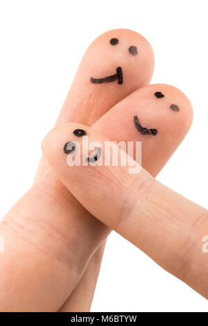 Happy finger art family group on white background. Stock Photo