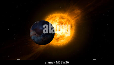 Solar storm and eclipse in space. Concept of sun with energy clouds and planet transit. Stock Photo