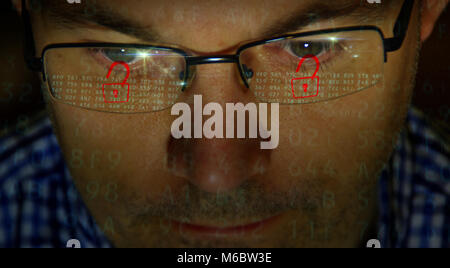 Face of man breaking computer system security. Cyber crime concept. Stock Photo